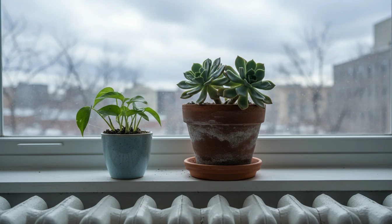 Collection of small potted succulents and houseplants on a winter windowsill, near a radiator. Soil is visibly dry, plants are dormant.