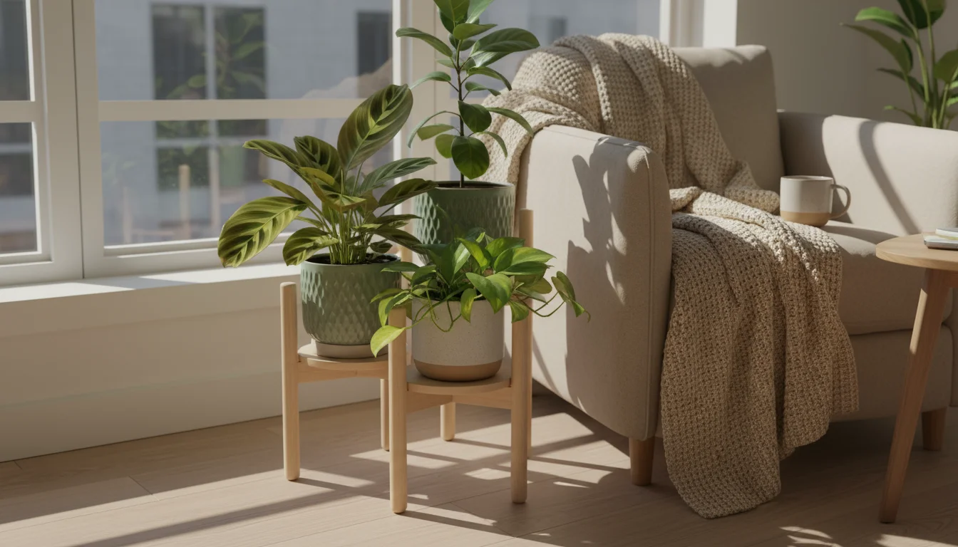 A collection of slightly stressed tropical plants in various containers on a plant stand in a cozy, sunlit apartment corner.