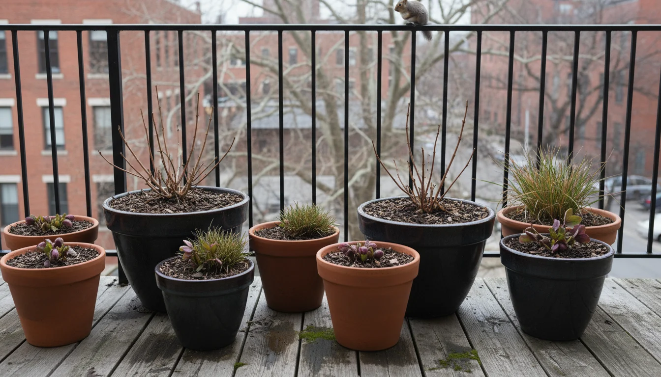 Collection of sturdy container garden pots with dark, rich soil and dormant plant stems on a damp wooden balcony in winter.