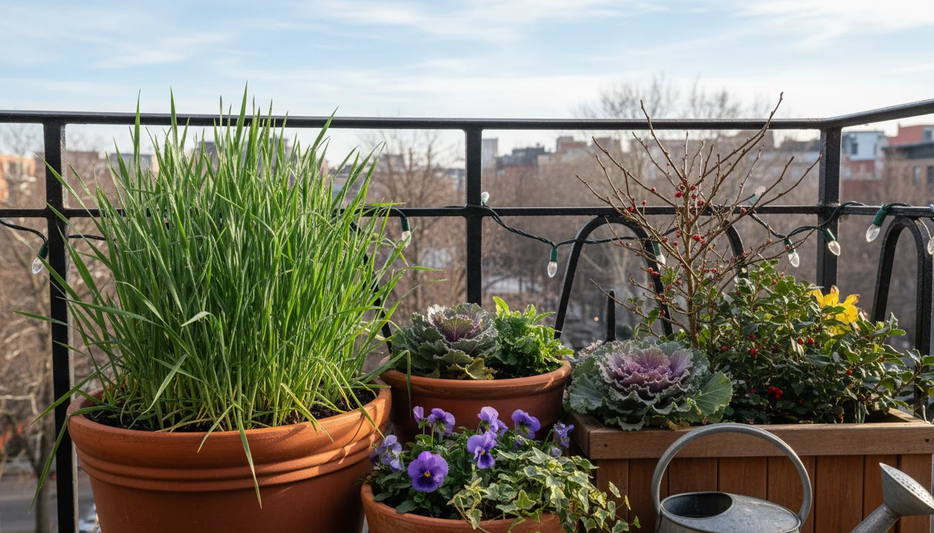 A collection of terracotta and ceramic pots on an urban balcony, filled with vibrant green cereal rye and oats in early winter.