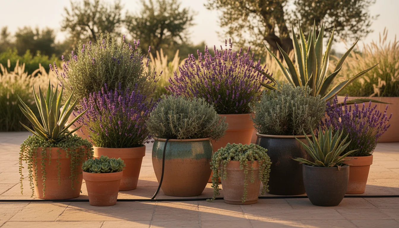 Collection of terracotta and glazed pots with lavender, rosemary, agave, sedum, showing a visible drip irrigation system on a patio during golden hour