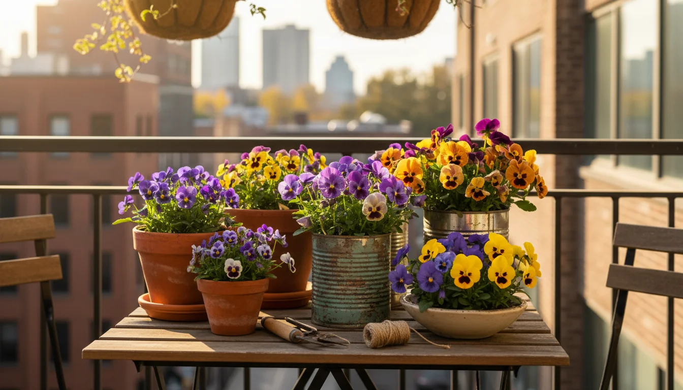 Collection of terracotta and upcycled tin pots with 'Johnny Jump Up', 'Sorbet Series', and 'Penny Series' edible violas/pansies on a bistro table, wit