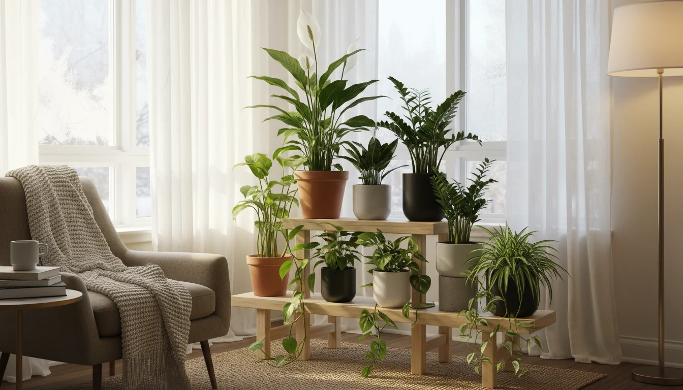 A collection of thriving houseplants, including a Peace Lily, Pothos, ZZ Plant, and Spider Plant, on a wooden multi-tiered plant stand by a window.