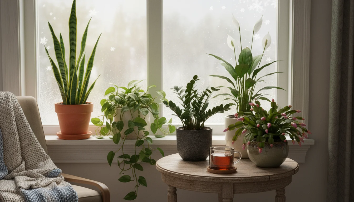 Collection of thriving indoor plants: Snake Plant, Pothos, ZZ Plant, Peace Lily, Christmas Cactus on a bright winter windowsill.