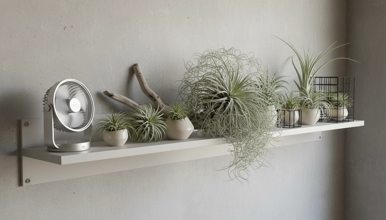 A collection of Tillandsia air plants on a wall shelf, with a small fan gently rustling their leaves.