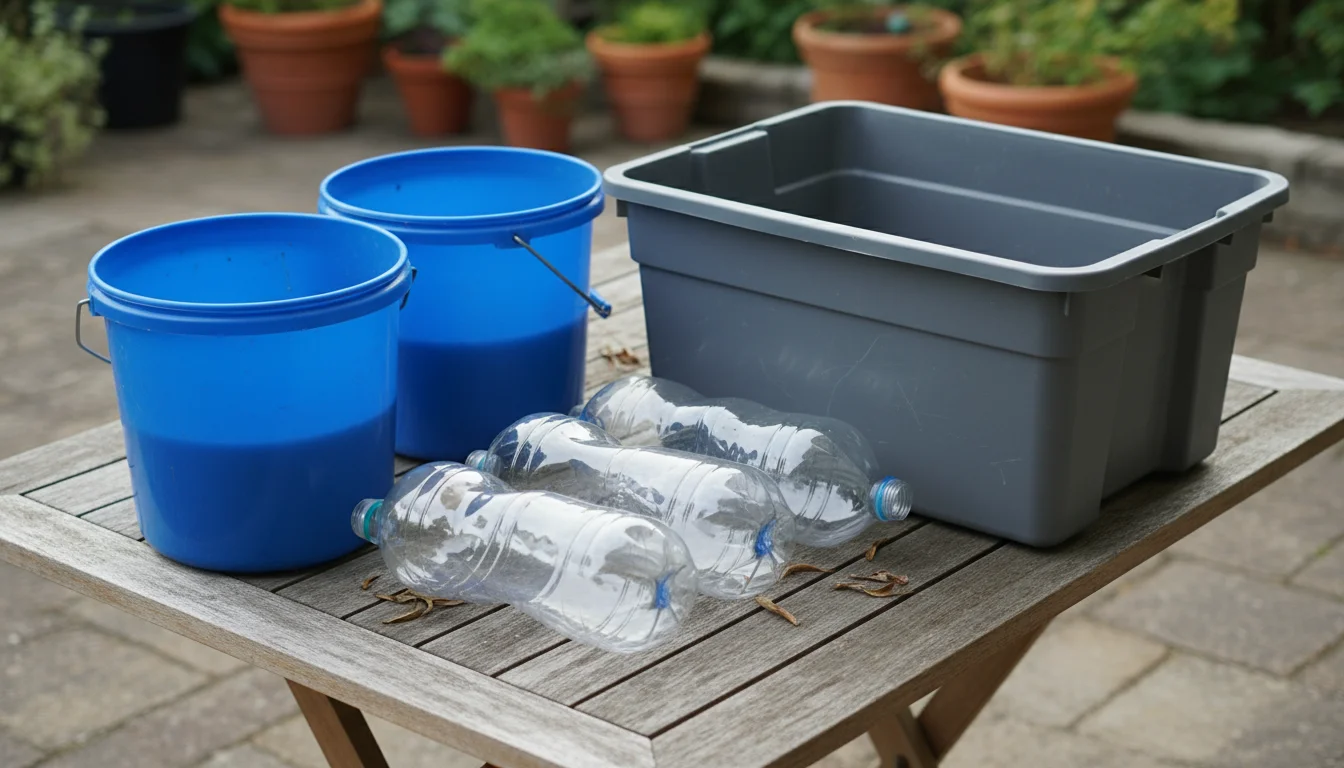 Collection of upcycled materials like faded plastic buckets, soda bottles, storage tote, and fabric scraps on a patio table for DIY self-watering cont