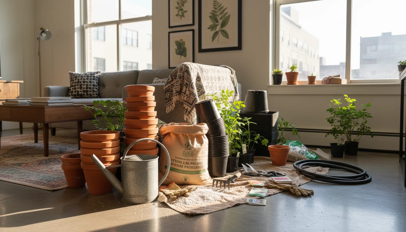A collection of various gardening supplies including pots, soil bags, tools, and gloves, gathered in an apartment corner for decluttering.