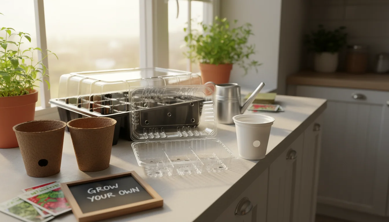 A collection of various seed-starting containers on a bright windowsill, including a repurposed plastic berry clamshell, peat pots, and a yogurt cup.