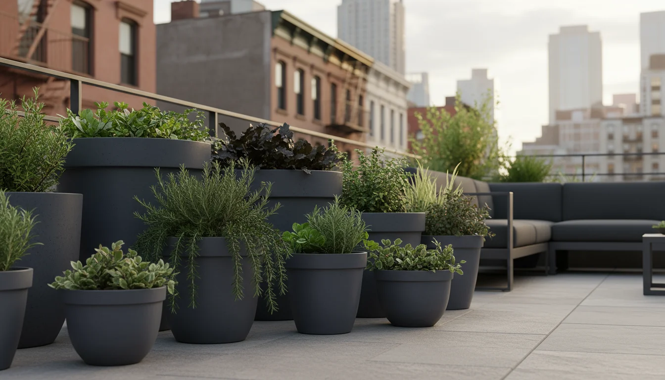 A collection of various-textured charcoal grey pots on a patio, filled with green plants and white flowers, unified by color.