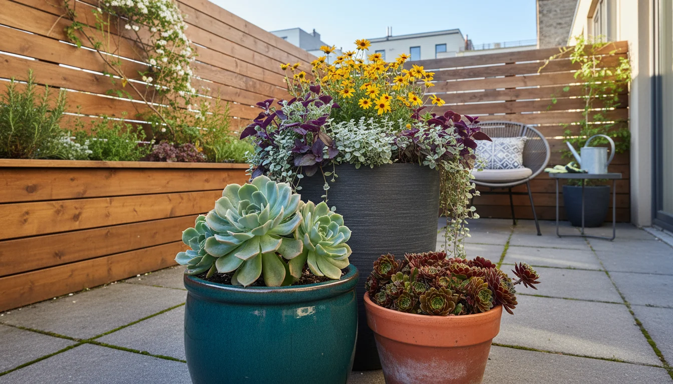 A collection of various water-wise containers on a small patio: a glazed ceramic pot, an unglazed terracotta pot, a metal planter, and a recycled plas