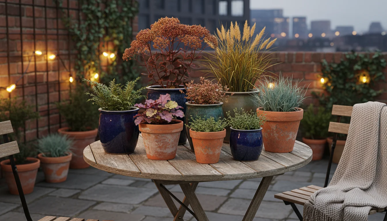 Collection of various winter-hardy perennials in small terracotta and ceramic pots on a weathered wooden bistro table on a patio.