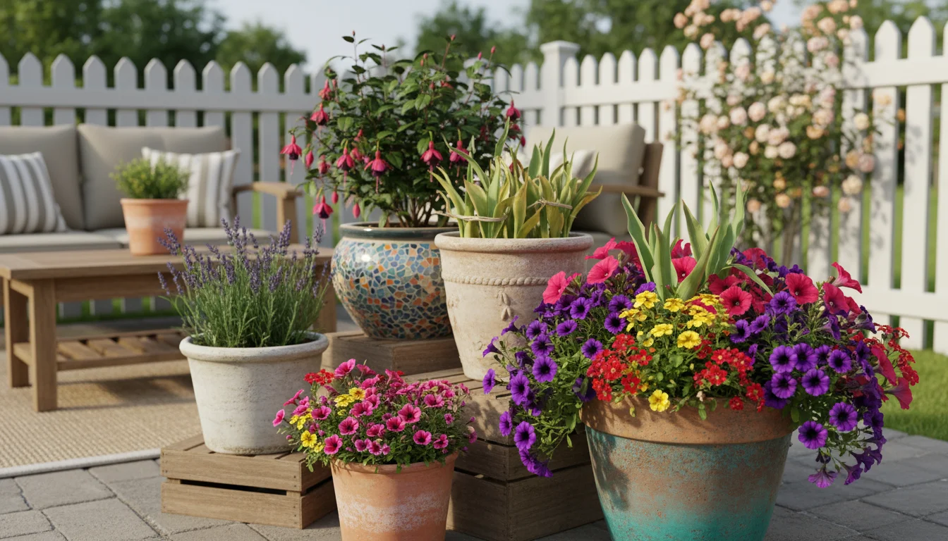 A collection of vibrant summer annuals and fading spring bulbs in various containers on a patio, ready for seasonal rotation.