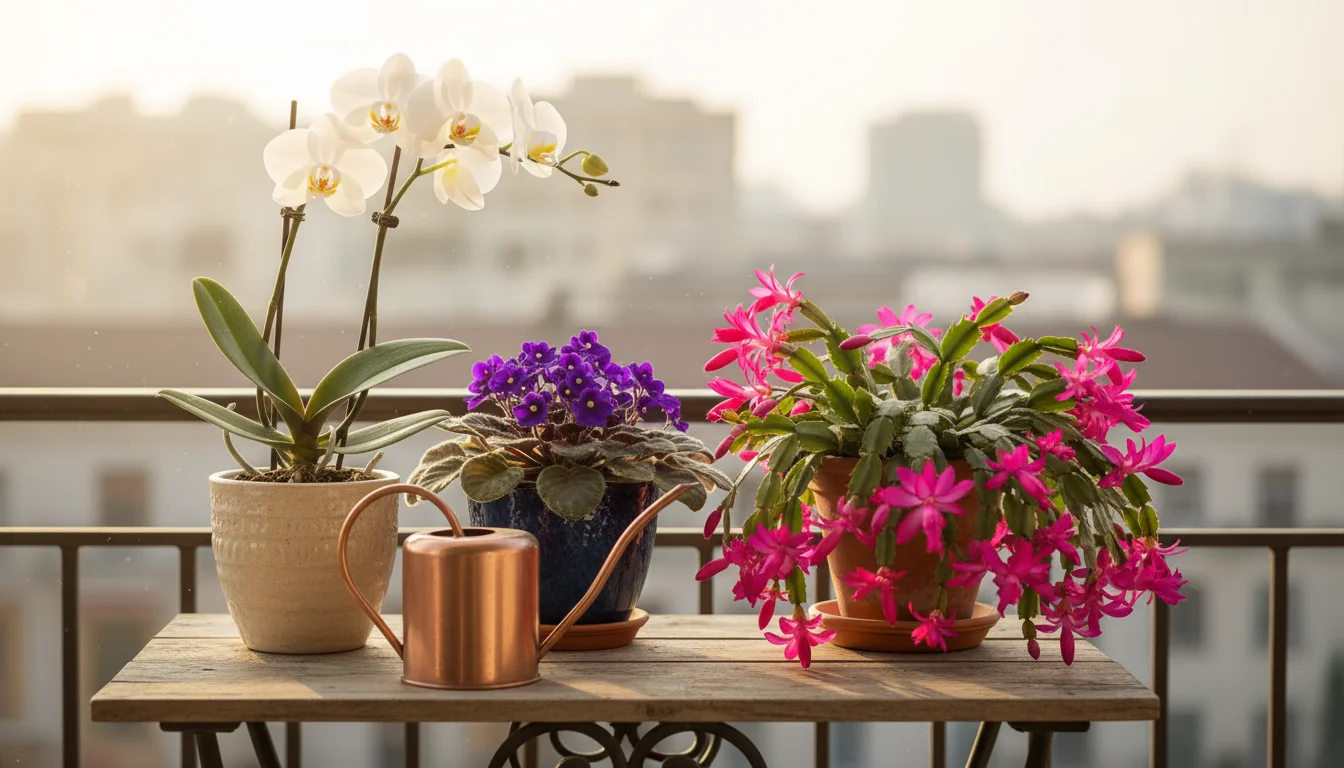 A collection of vibrant winter-blooming plants including an orchid, African violet, and Christmas cactus in pots on a sunlit balcony.