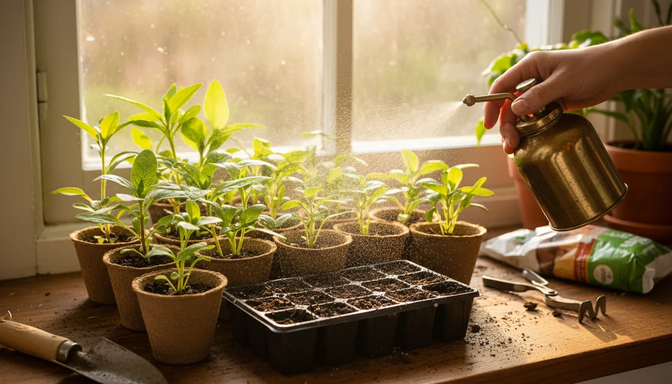 Collection of vibrant young perennial seedlings in small pots on a sunny kitchen windowsill, a hand gently misting them.