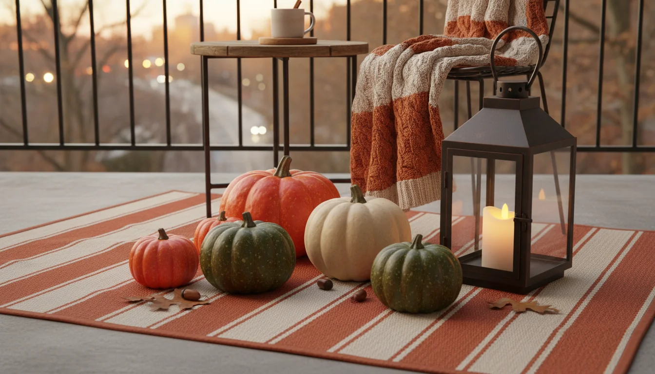 A collection of weatherproof fall decor on an urban patio rug: faux pumpkins, a bronze lantern, and a plaid outdoor throw.