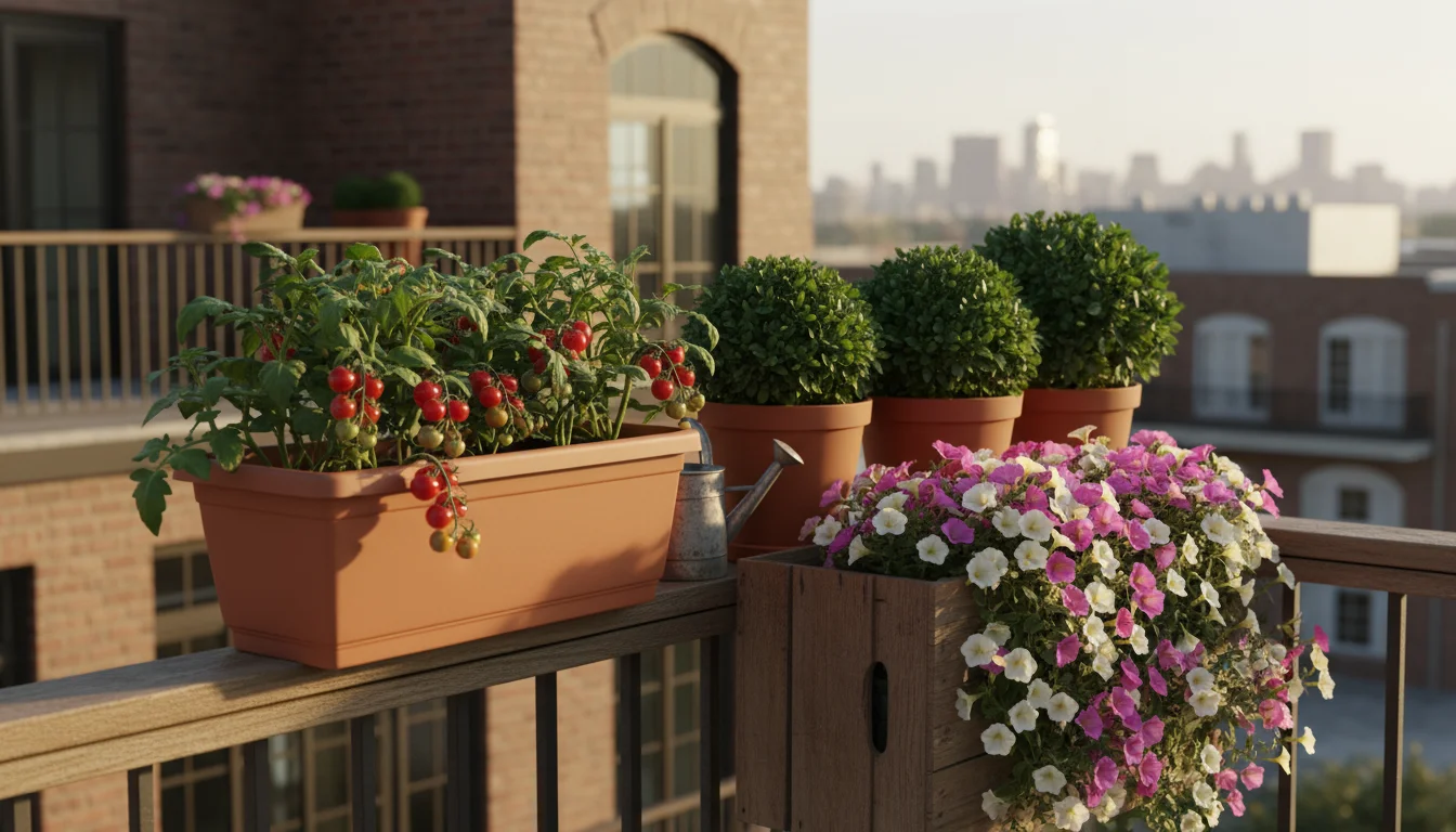 A colorful balcony railing bursting with flourishing compact container plants: 'Window Box Roma' tomatoes, 'Spicy Globe' basil, and dwarf petunias.