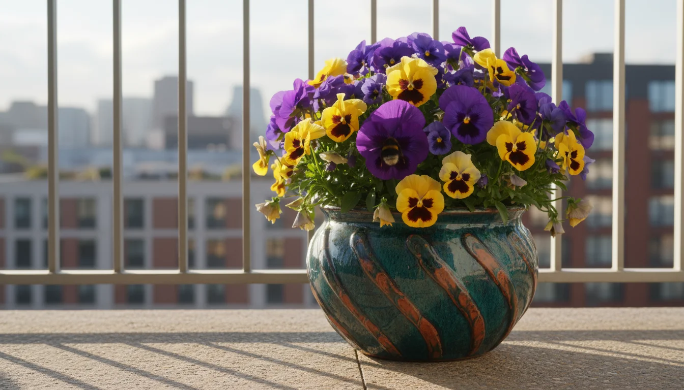 A colorful ceramic pot of purple, yellow, and blue pansies and violas on a sunny balcony, with a bumblebee foraging on a flower.