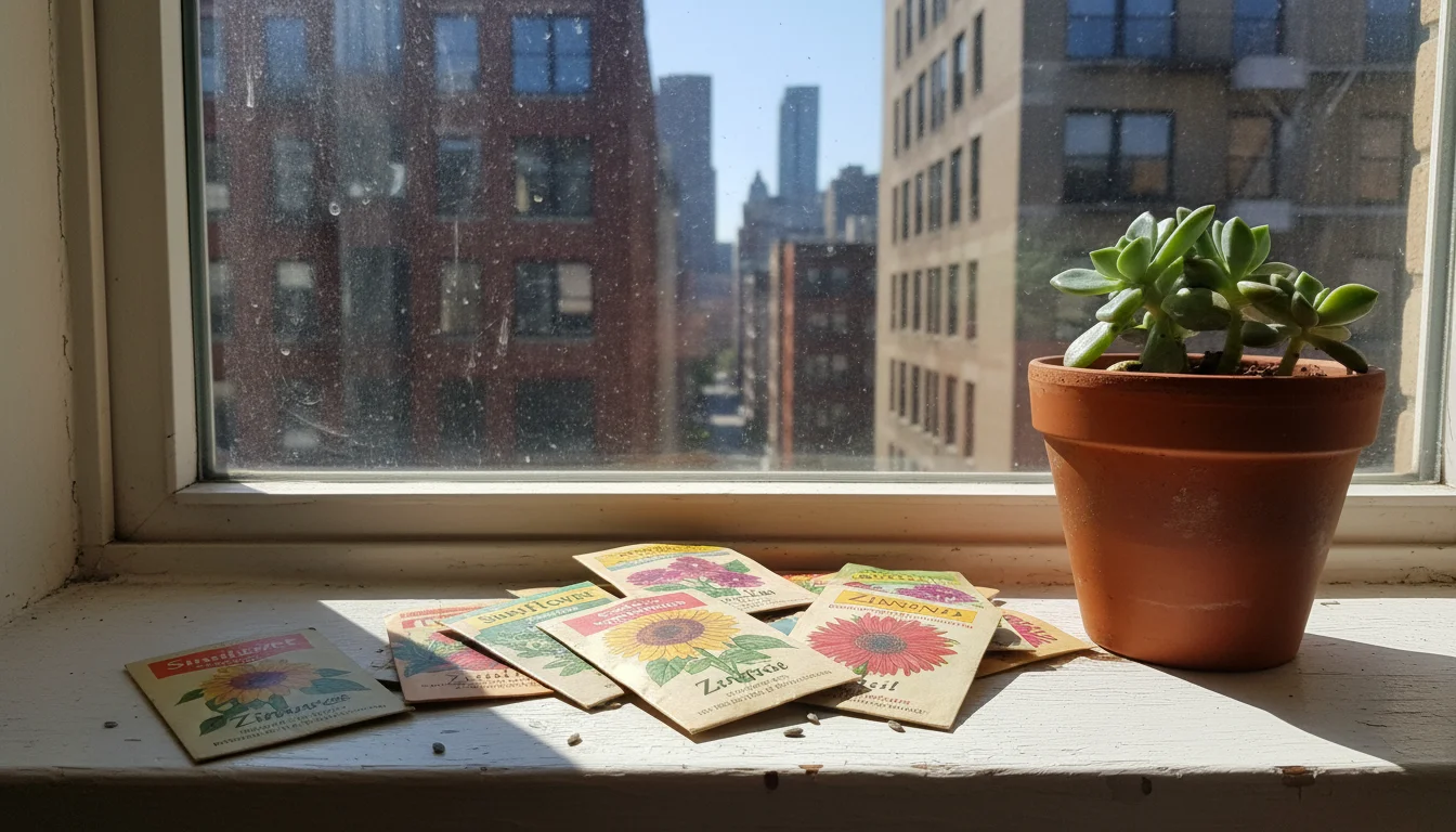 Colorful seed packets scattered on a bright, sun-drenched urban kitchen windowsill next to a small succulent.