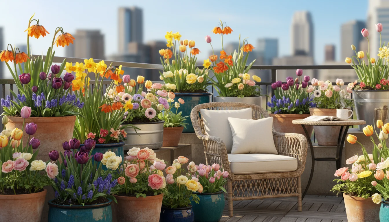 A colorful urban balcony garden in spring, filled with diverse unique blooming bulbs in various pots, under soft morning light.