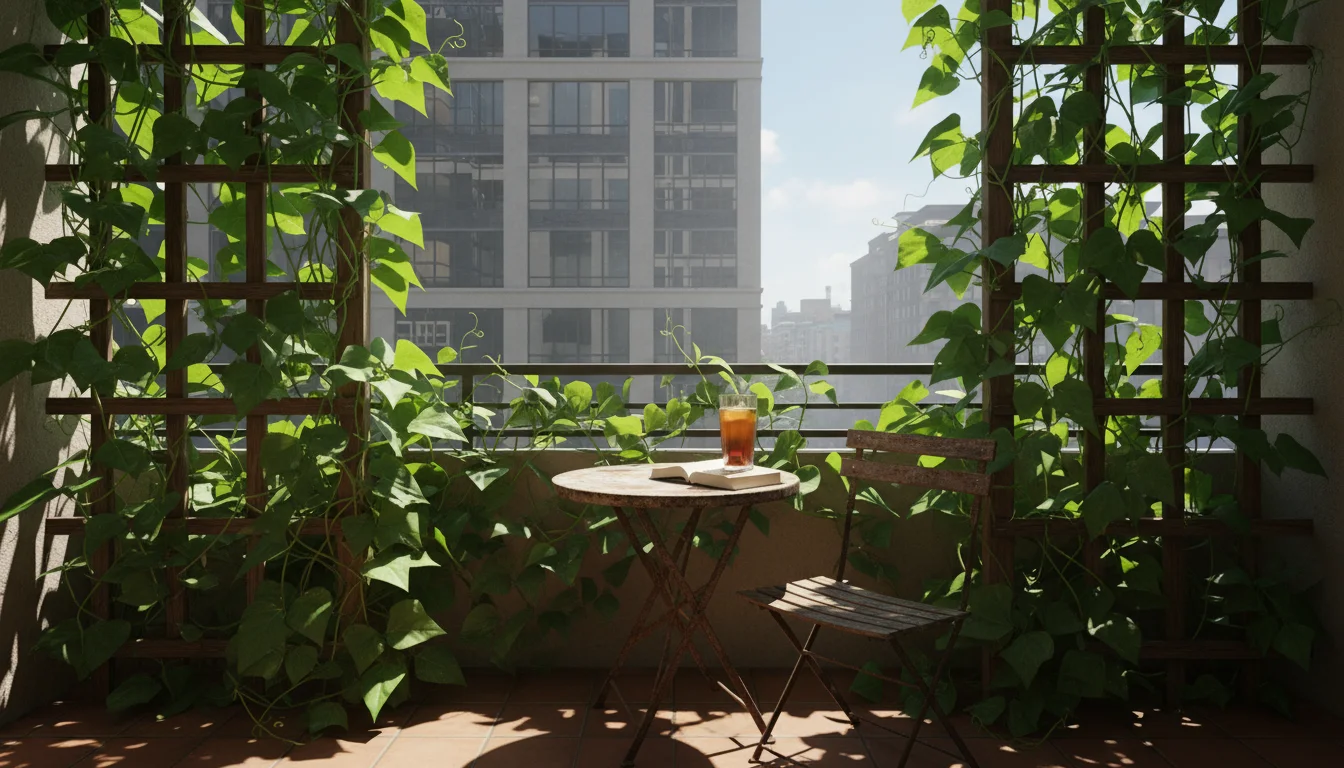 View from a comfortable, bean-shaded urban balcony. Dappled light falls on terracotta tiles, a chair, and iced tea, contrasting with a bright city bui