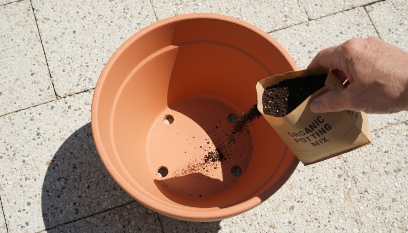 Senior woman stands straight on a patio, watering basil in a waist-high planter, surrounded by accessible container plants.