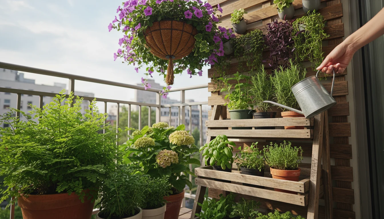 A compact balcony corner filled with plants: pots on the floor, a tiered stand, wall-mounted planters, and a hanging basket. A hand waters a plant.