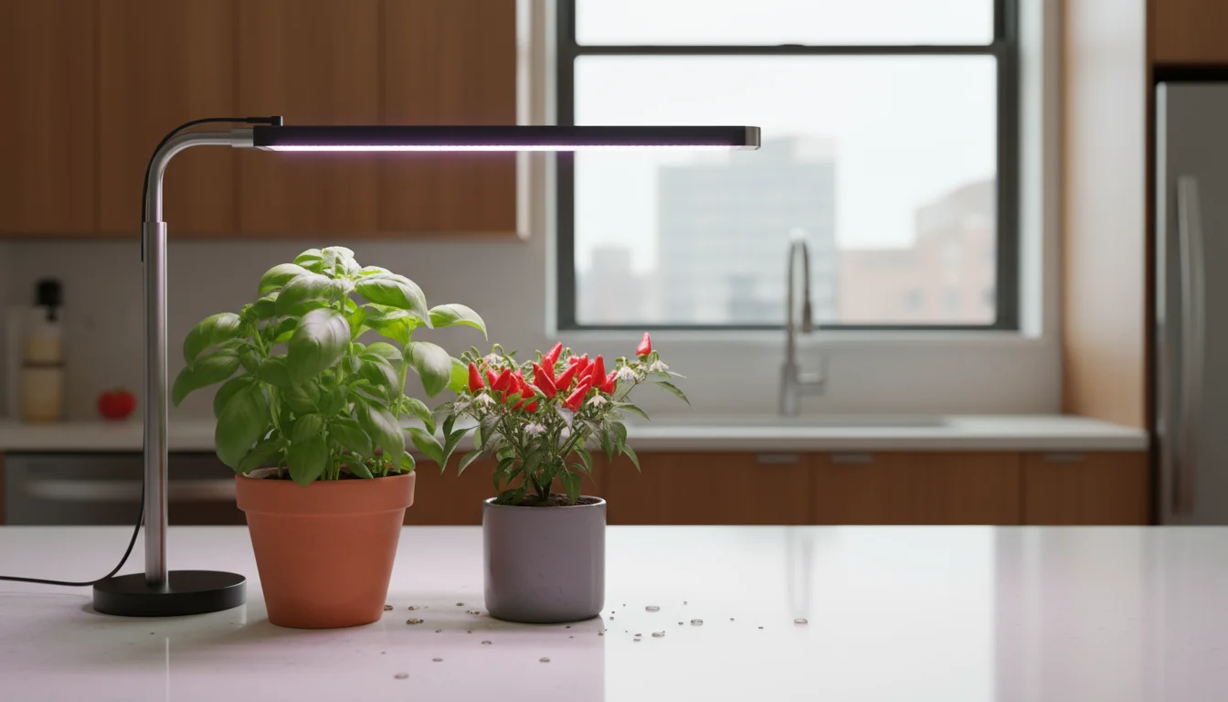 Compact basil and dwarf chili plants thrive under a subtle pink-purple LED grow light on a modern kitchen counter in a small urban home.