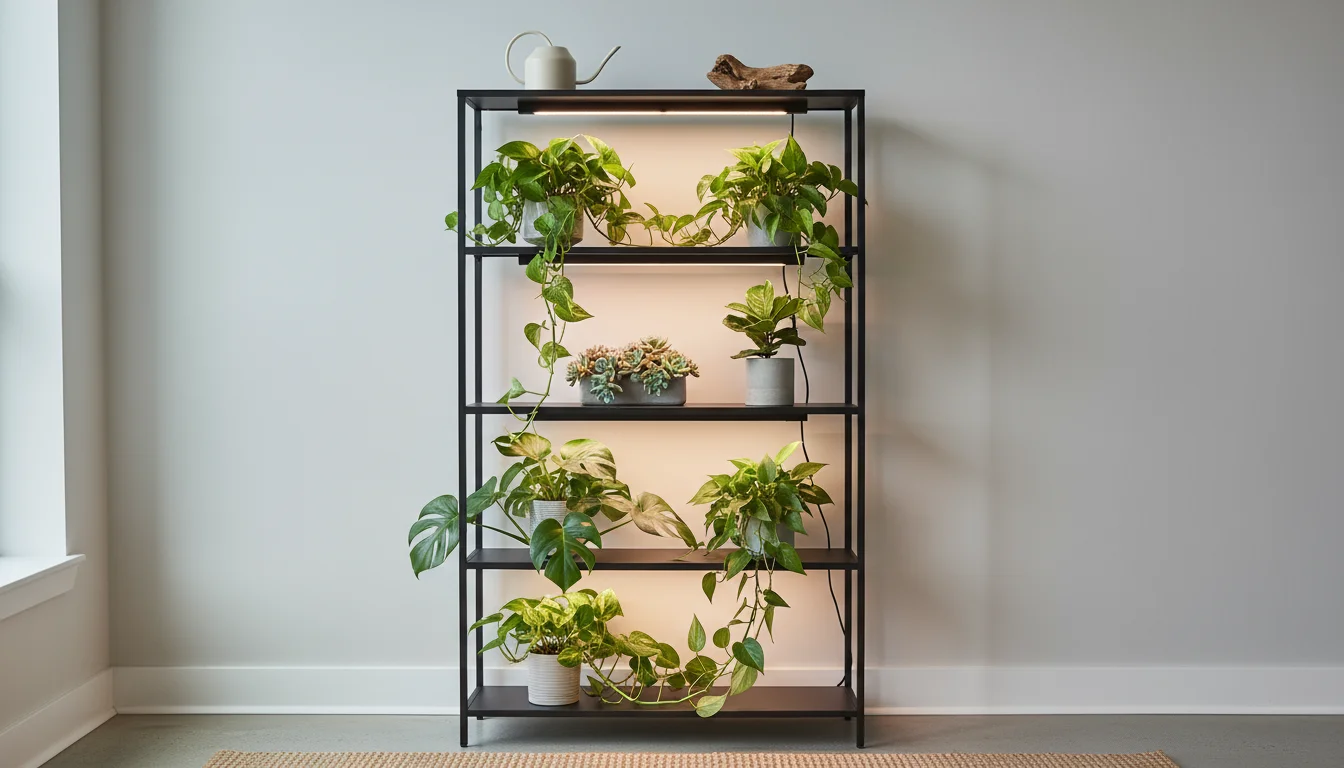 Eye-level view of a compact black metal shelving unit holding various container plants illuminated by integrated LED strip lights and a clip-on LED gr