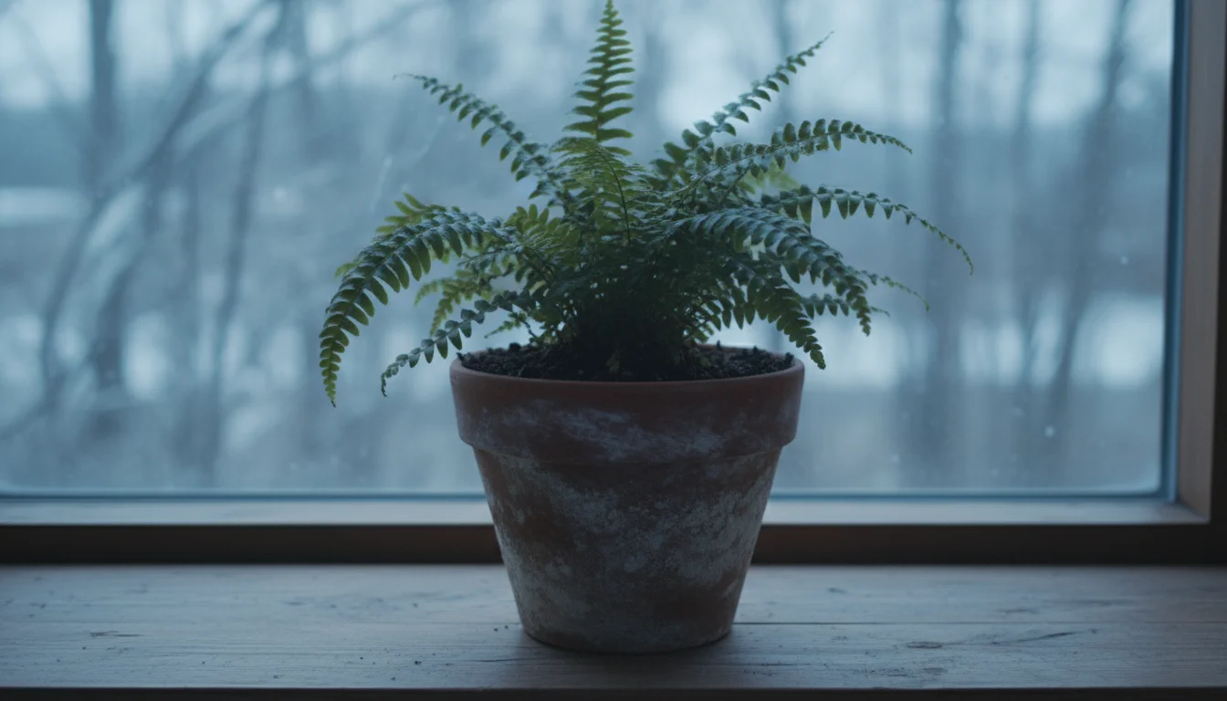 A compact Boston fern in a terracotta pot sits on a windowsill. Its soil is dark and damp under soft, muted winter light.