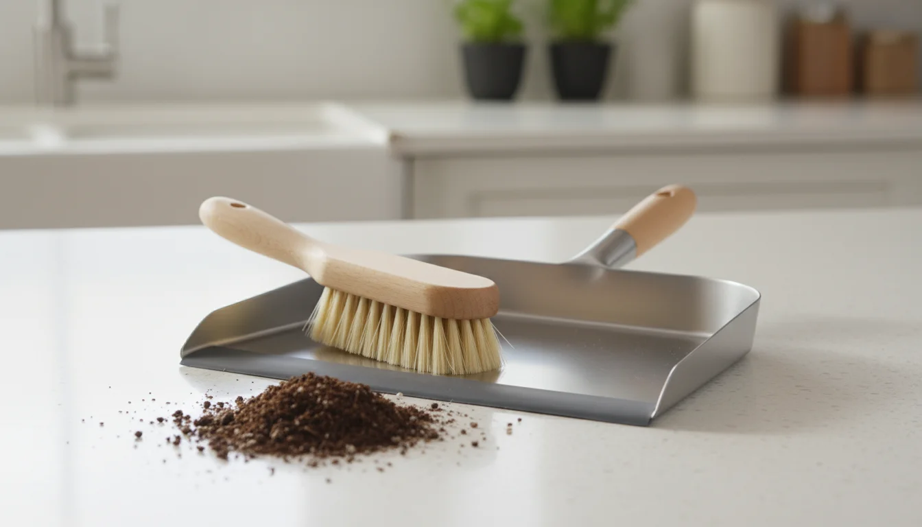 Compact brush and dustpan set on a counter. Dustpan's flexible rubber lip is flush with surface, next to scattered potting mix. Brush has soft, dense