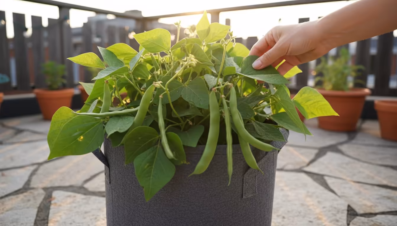 A compact bush bean plant laden with green pods in a fabric grow bag on an urban patio, a hand reaching to harvest.