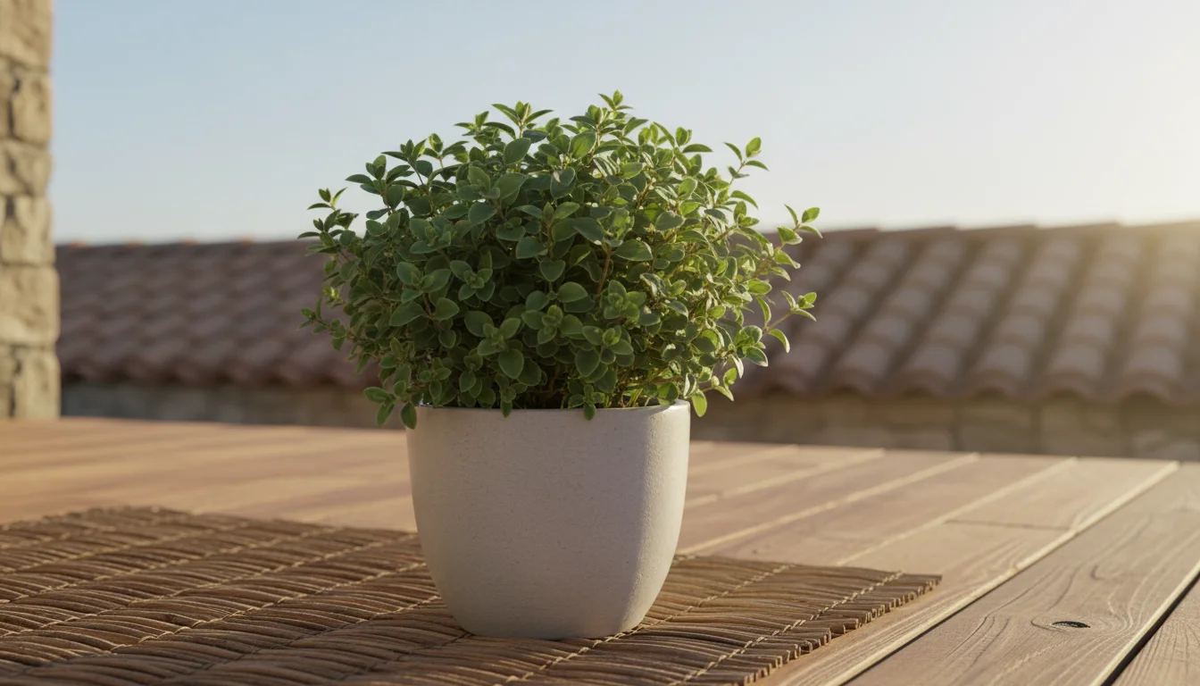 A compact, bushy Greek oregano plant with small, fuzzy leaves in a light grey ceramic pot on a sunlit wooden patio deck.