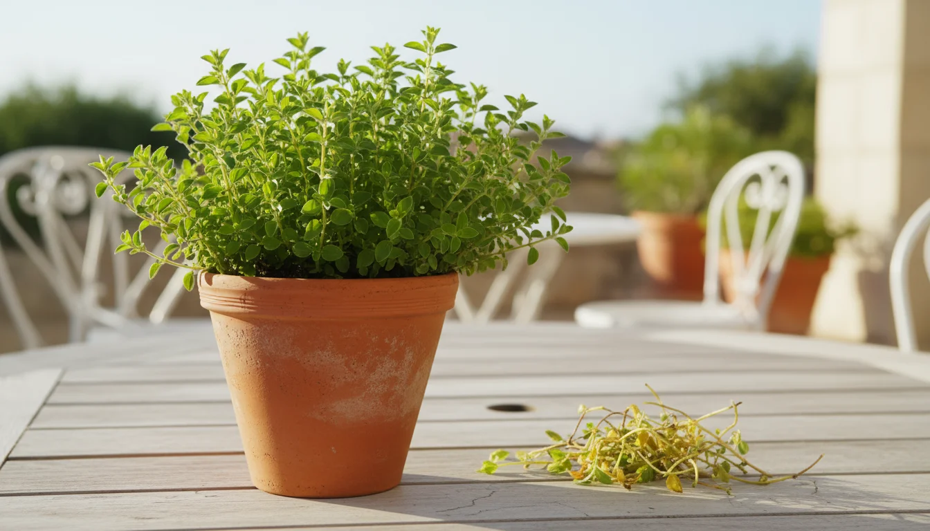 A compact, bushy oregano plant in a terracotta pot on a wooden table, next to a small pile of its recently pruned leggy stems.