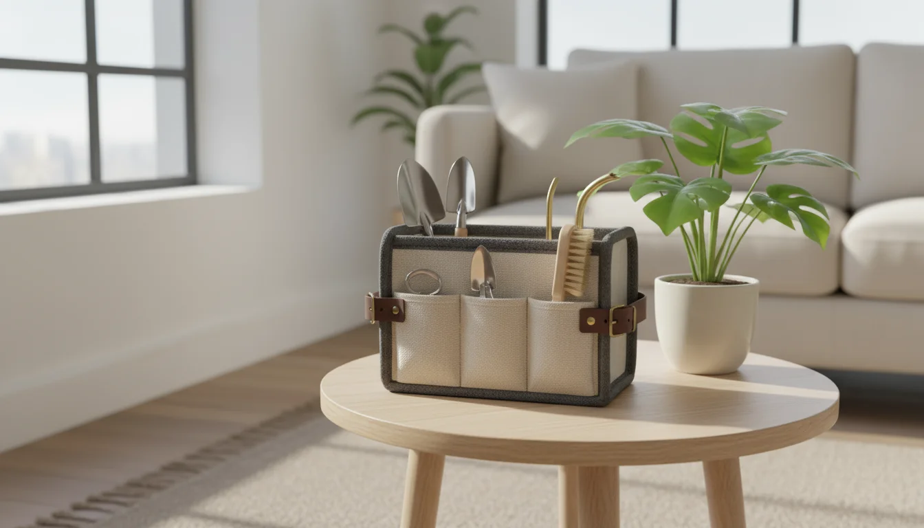 Compact canvas tool caddy holding small gardening tools on a wooden side table next to a potted succulent in an apartment.