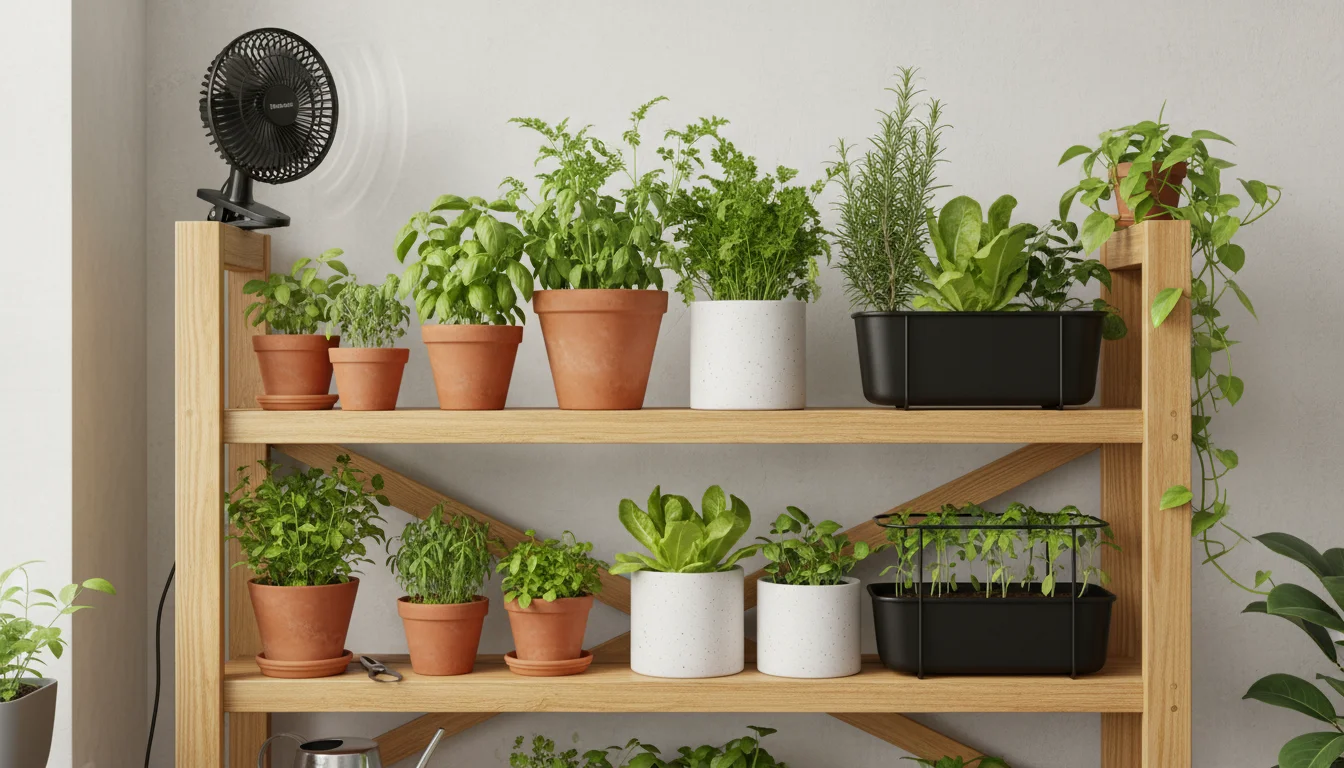 A compact clip-on fan gently oscillates over various potted plants on a wooden shelf in a bright, small indoor container garden.