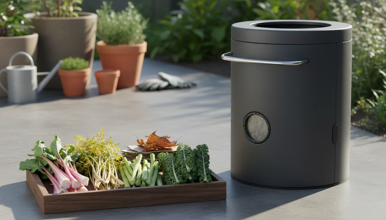 A compact compost bin on a patio, surrounded by specific fall vegetable scraps like beet stems, yellowed carrot tops, broccoli peels, and dried leaves