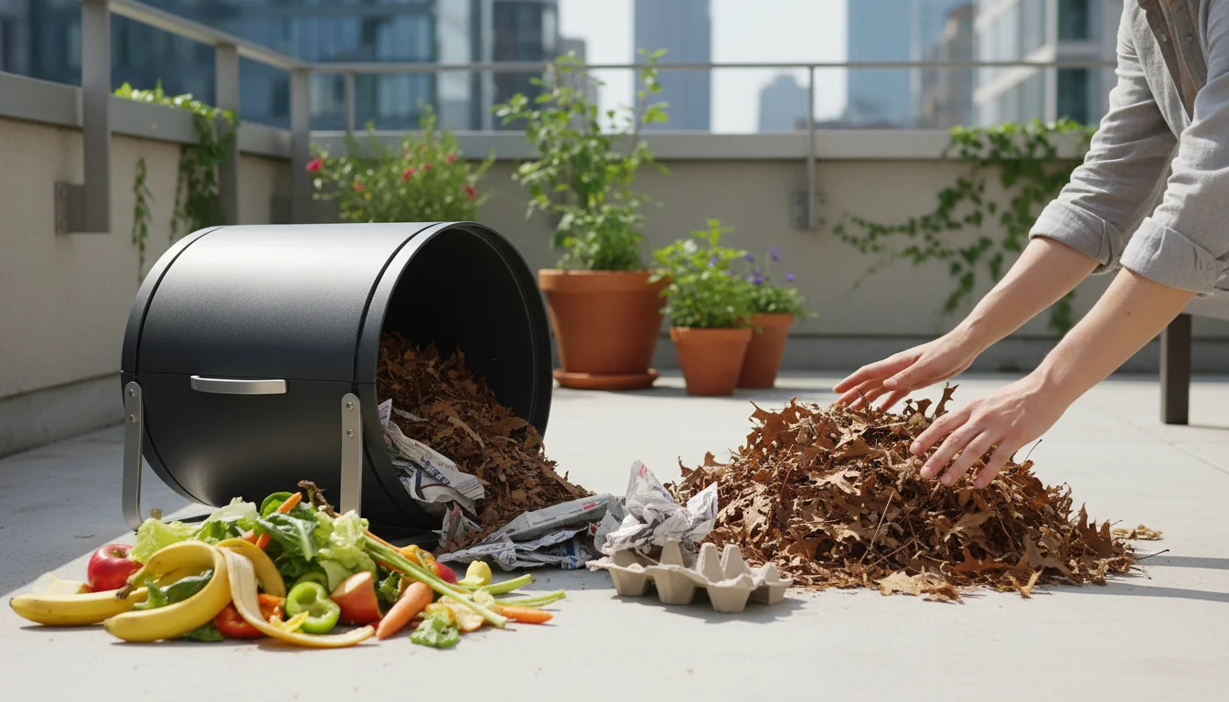 Eye-level view of a compact compost tumbler on a balcony with distinct piles of vibrant vegetable scraps (greens) and shredded paper/dry leaves (brown