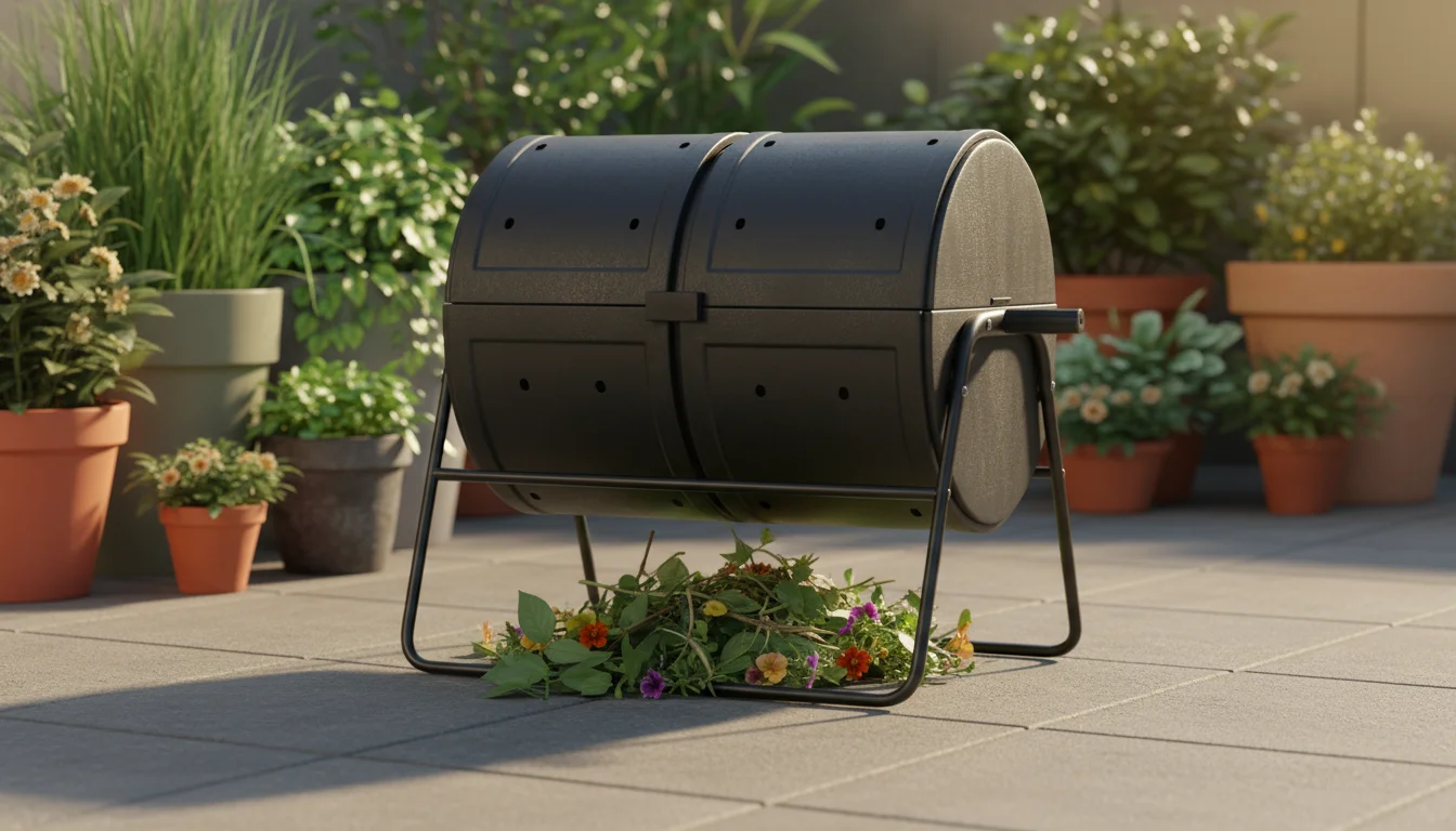 A compact compost tumbler on an urban patio, with a small pile of green pruning waste and spent flowers on a paver next to it.