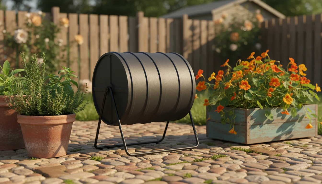 A compact dark compost tumbler on its stand, nestled on a small paved patio surrounded by container herbs and flowers, under warm late afternoon light
