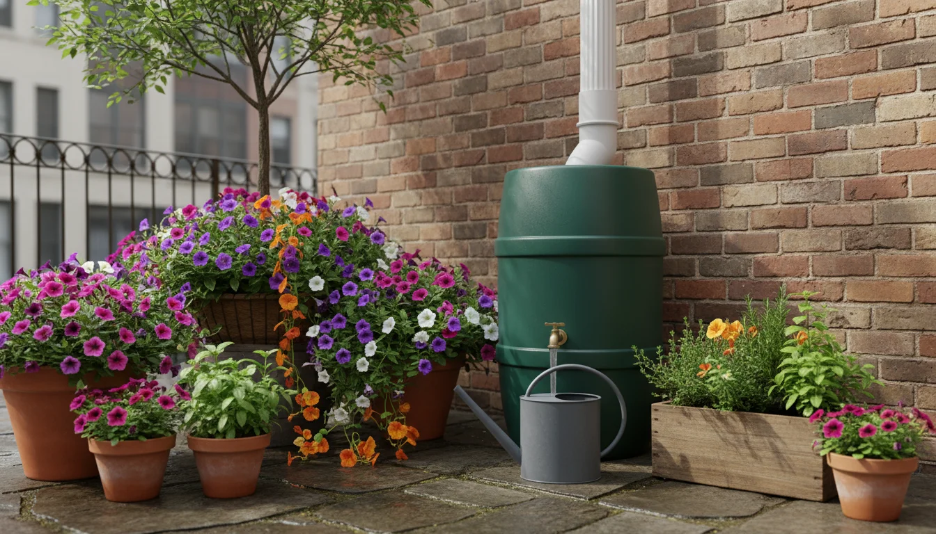 Compact dark green rain barrel on a small brick patio, connected to a downspout, with a watering can filling from its spigot. Lush container plants su
