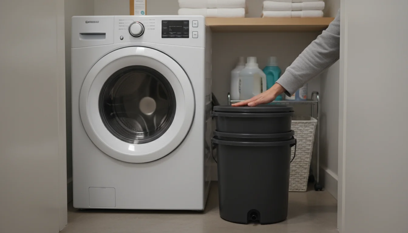 Compact dark grey Bokashi bucket sits discretely in a small home laundry nook next to a washer, a hand closing its lid.