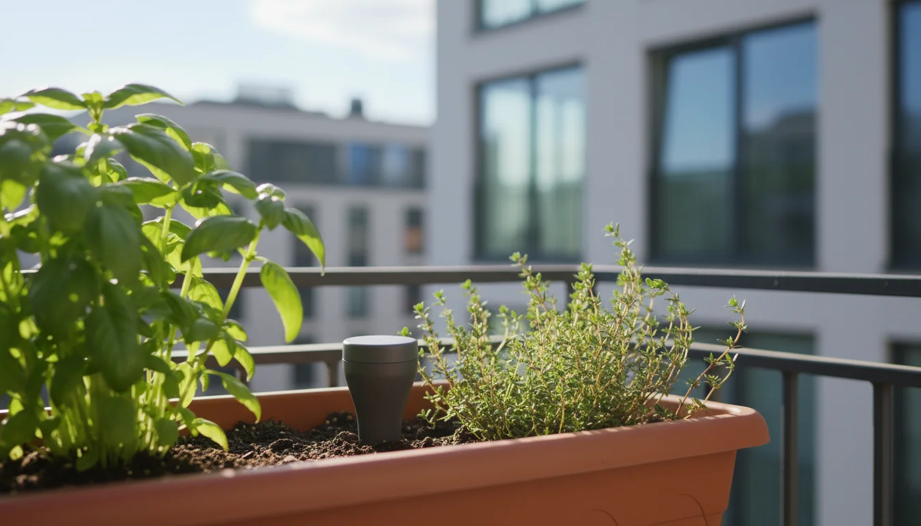 A compact, dark grey soil moisture sensor discretely inserted into a terracotta pot with thriving basil and thyme on a sunlit urban balcony.