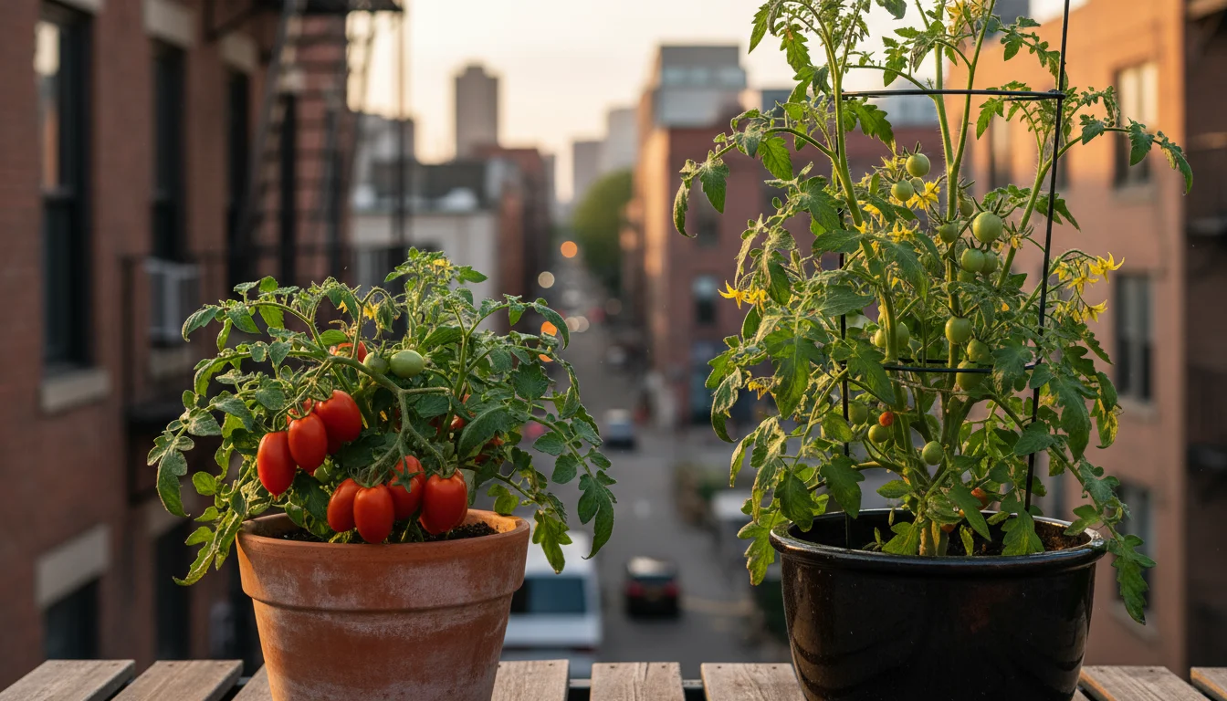 A compact determinate tomato plant with clustered red fruit beside a tall, vining indeterminate tomato plant on a patio.
