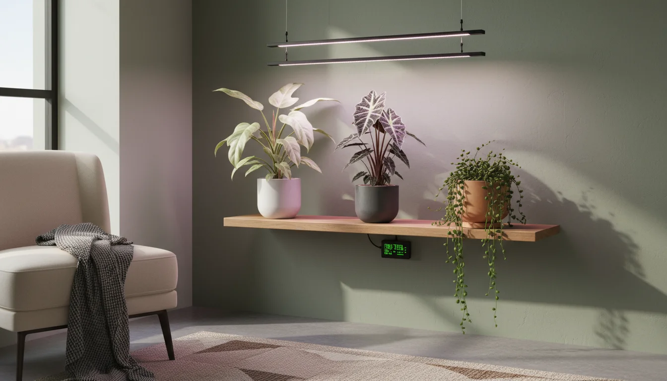 Compact display of diverse rare houseplants under slim LED grow lights on a wooden shelf in a cozy apartment, with a visible timer.