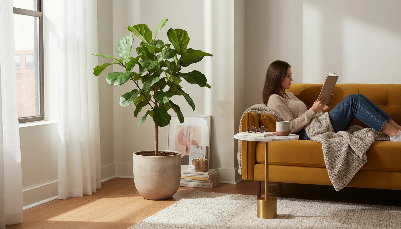 Compact Ficus lyrata ‘Bambino’ tree in a pot by a sunlit apartment window, a person relaxed on a sofa nearby.