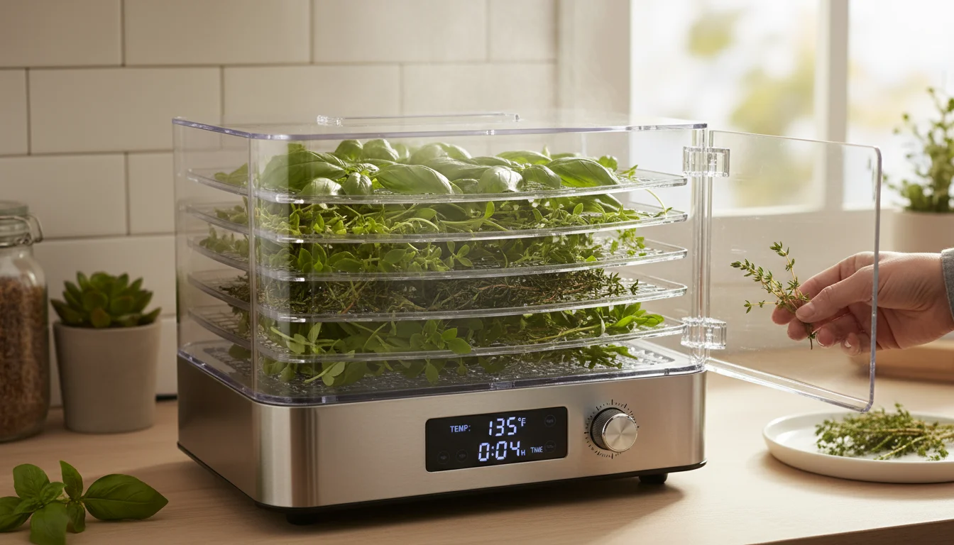 Compact food dehydrator on a kitchen counter, drying vibrant green herbs like basil, oregano, and thyme. A hand adjusts the settings.