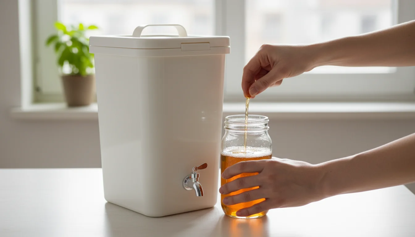 Compact 5-gallon Bokashi bin on a kitchen counter with a hand turning the spigot, draining amber liquid into a glass jar.