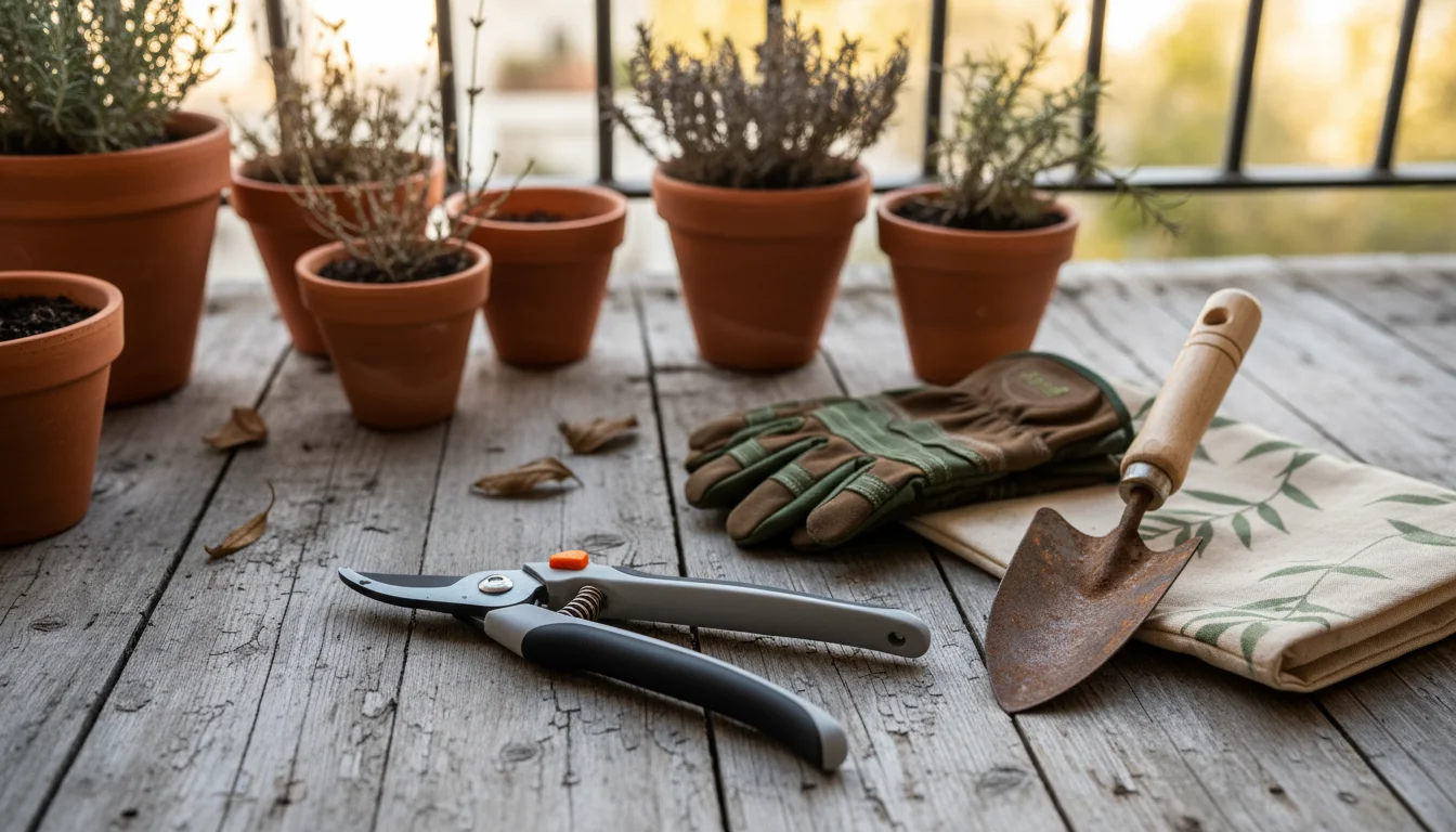 Compact gardening tools, including sharp hand pruners, a trowel, and gloves, neatly arranged on a weathered wooden balcony floor.