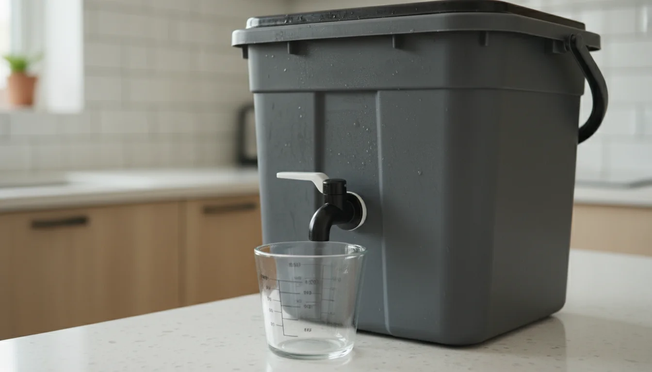 Close-up of a compact grey Bokashi bucket's spigot with an empty glass measuring cup beneath, showing no tea draining.