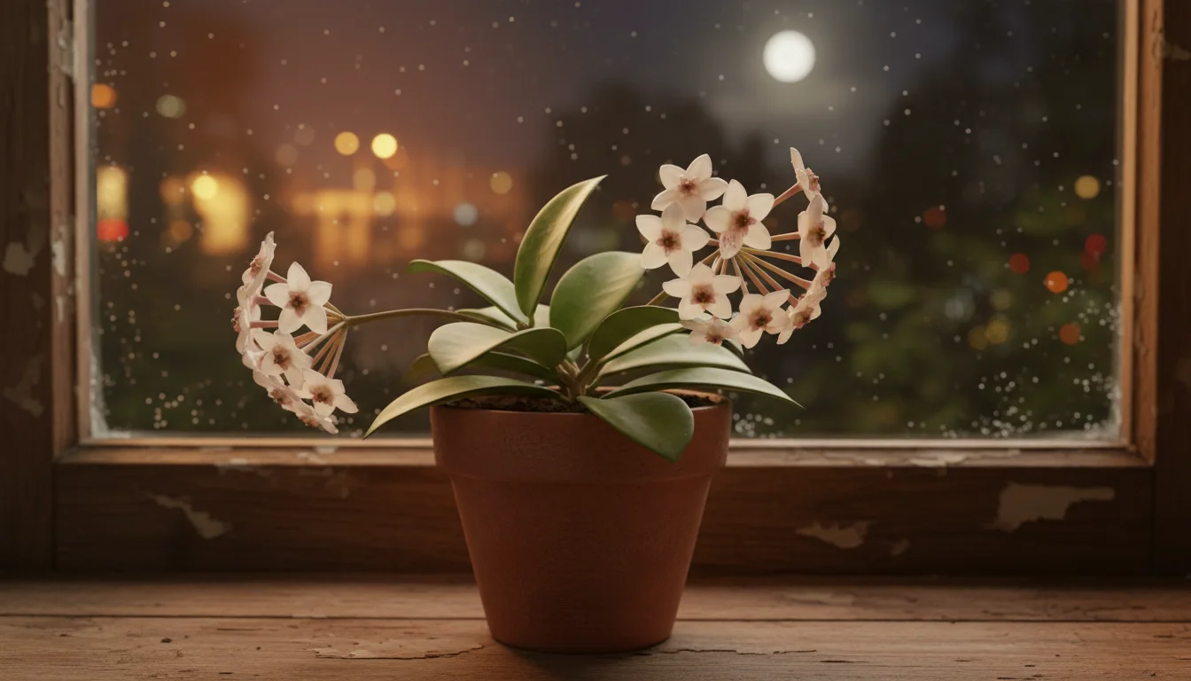 Compact Hoya carnosa plant with star-shaped flowers on a rustic wooden windowsill, softly lit at night.